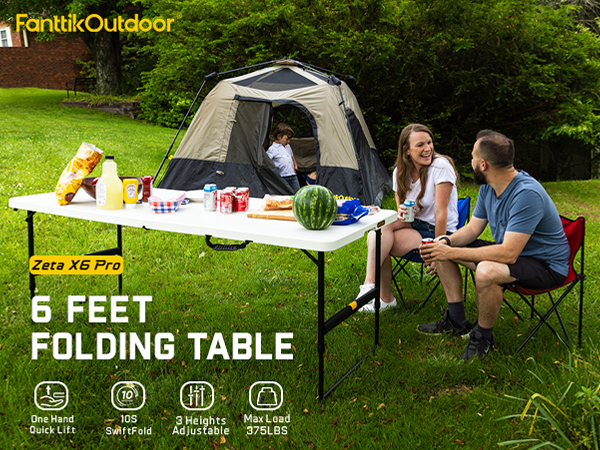 FanttikOutdoor 6ft Portable Folding Table, 3 Heights, One-Handed Height Adjustment, Gravity Lock, Carry Handle, Indoor Outdoor Heavy Duty Fold-in-Half Utility Table, Party, Granite White Zeta X6 Pro
