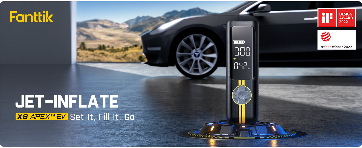 Fanttik X8 APEX EV Tire Inflator Portable Air Pump, 2X Faster Inflation, 150PSI Cordless Air Compressor with Pressure Gauge, Powerful Battery, Fits Electric Cars, Cars, Bike, Ball, Deluxe Package