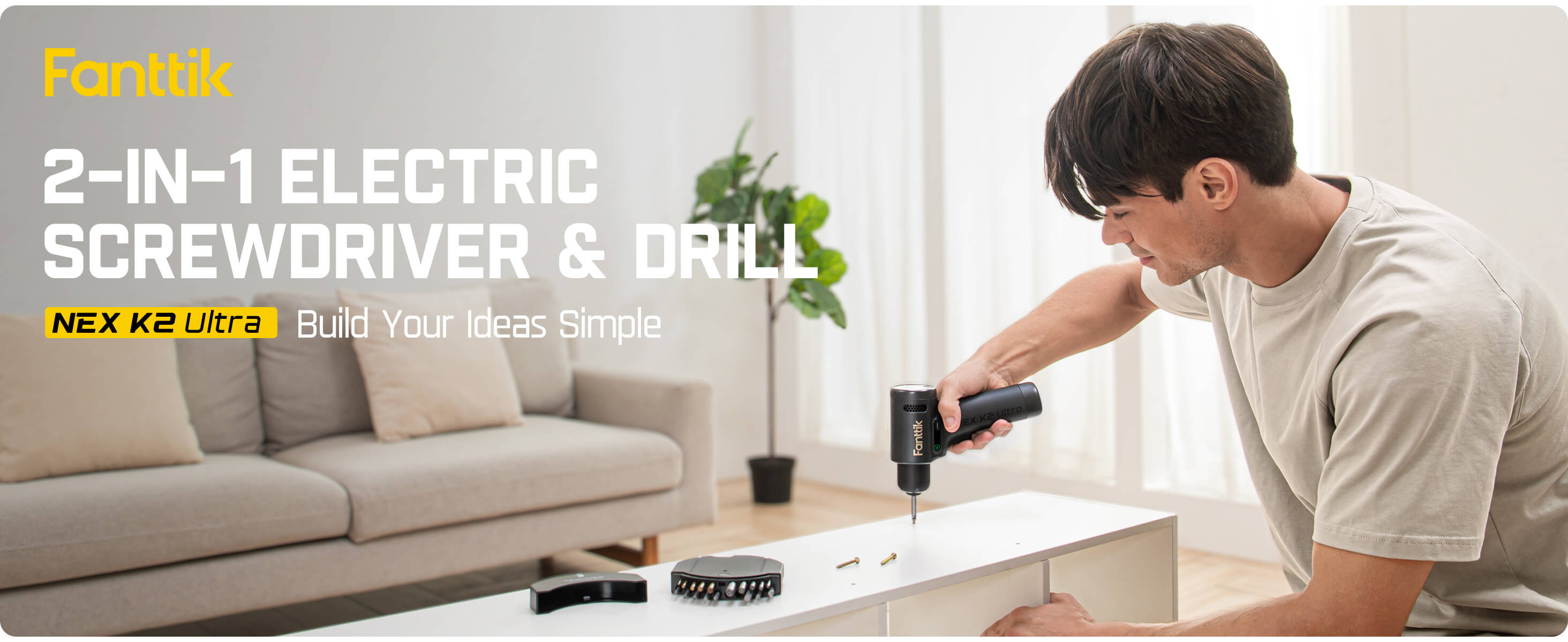 Fanttik K2 Ultra 7.4V Power Drill, Cordless Drill/Driver, 3/8'' Keyless Chuck, Max. 30 N.m, Max. 1250 RPM, TapSwitch Gear Change, 2.5AH Rechargeable Battery, Tool Kit for Home DIY Projects