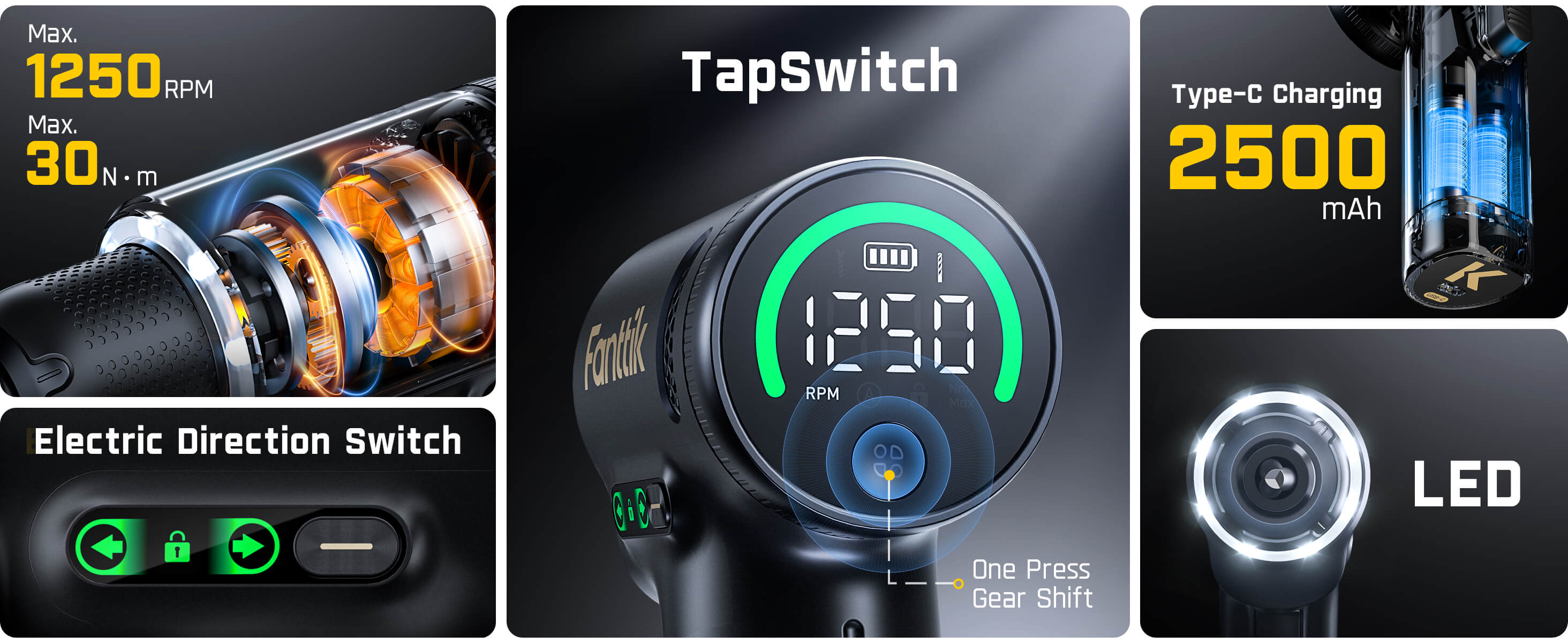 Fanttik K2 Ultra 7.4V Power Drill, Cordless Drill/Driver, 3/8'' Keyless Chuck, Max. 30 N.m, Max. 1250 RPM, TapSwitch Gear Change, 2.5AH Rechargeable Battery, Tool Kit for Home DIY Projects