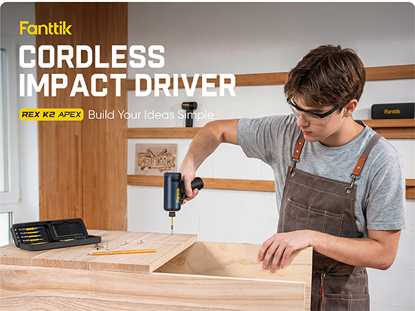 Fanttik REX K2 APEX Impact Driver, Brushless Impact Driver, 1/4'' Hex, Max. 100 N·m Torque, Max. 3000 RPM, 3000mAh Rechargeable Battery, Tool Kit for Cabinet Assembly, Woodworking DIY Projects