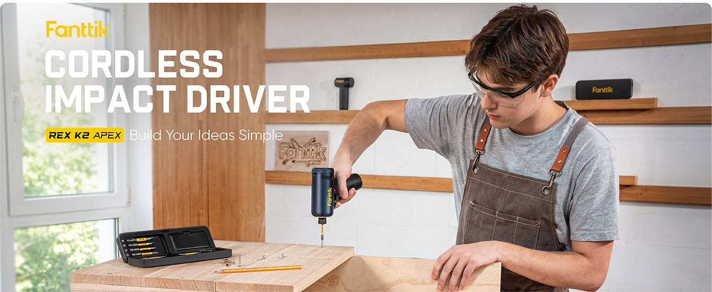 Fanttik REX K2 APEX Impact Driver, Brushless Impact Driver, 1/4'' Hex, Max. 100 N·m Torque, Max. 3000 RPM, 3000mAh Rechargeable Battery, Tool Kit for Cabinet Assembly, Woodworking DIY Projects