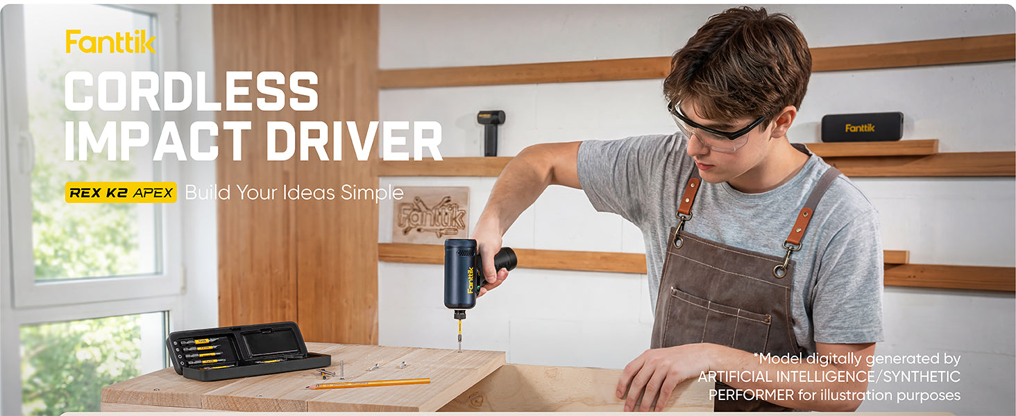 Person using a cordless impact driver in a workshop setting with Fantik branding.