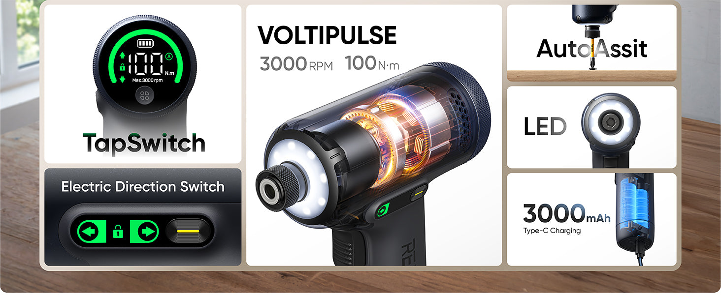 Fanttik REX K2 APEX Impact Driver, Brushless Impact Driver, 1/4'' Hex, Max. 100 N·m Torque, Max. 3000 RPM, 3000mAh Rechargeable Battery, Tool Kit for Cabinet Assembly, Woodworking DIY Projects