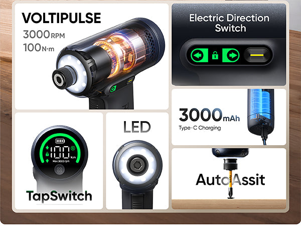 Fanttik REX K2 APEX Impact Driver, Brushless Impact Driver, 1/4'' Hex, Max. 100 N·m Torque, Max. 3000 RPM, 3000mAh Rechargeable Battery, Tool Kit for Cabinet Assembly, Woodworking DIY Projects