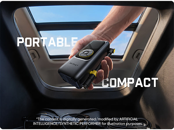 A hand holding a compact black portable tire inflator with Fanttik brand inside a car, with large white text reading 'PORTABLE COMPACT' and a disclaimer at the bottom.