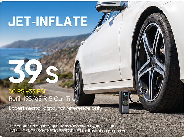 A portable car tire inflator labeled JET-INFLATE is shown connected to the tire of a white car on a road with a coastal landscape in the background. Large text advertises 39 seconds to inflate a 30 PSI to 33 PSI car tire.