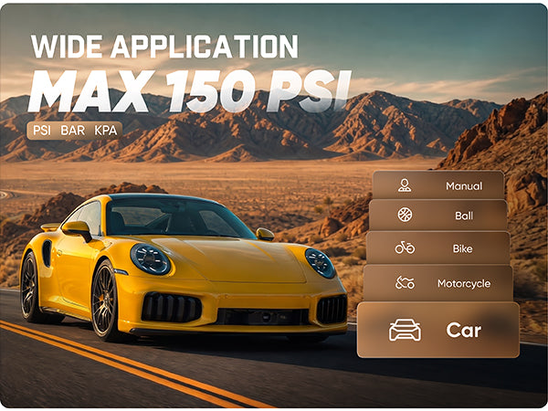 Fanttik X8 APEX Tire Inflator offers 4 preset inflation modes (bicycles, motorcycles, cars, and balls) and 3 preset units (PSI, KPA, BAR). With just one click, you can select the desired inflation mode and enjoy set-and-forget convenience.