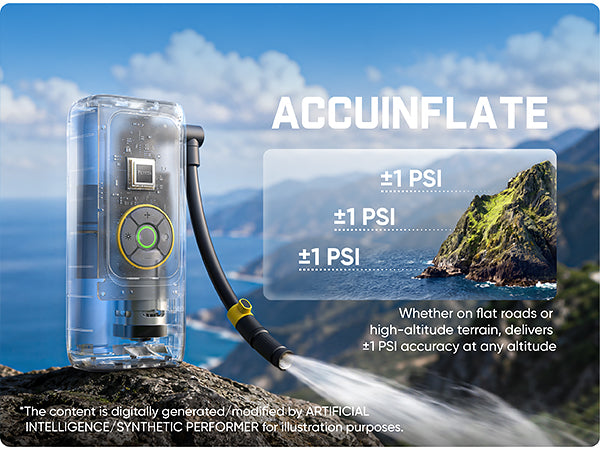 AccuInflate portable air pump shown in a transparent case on a rocky cliffside with ocean and mountains in the background, with text highlighting ±1 PSI accuracy and a small inset scenic photo.