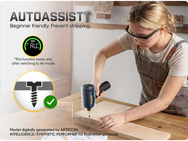 Woman using a power drill on a wooden surface with text about 'AutoAssist' feature.