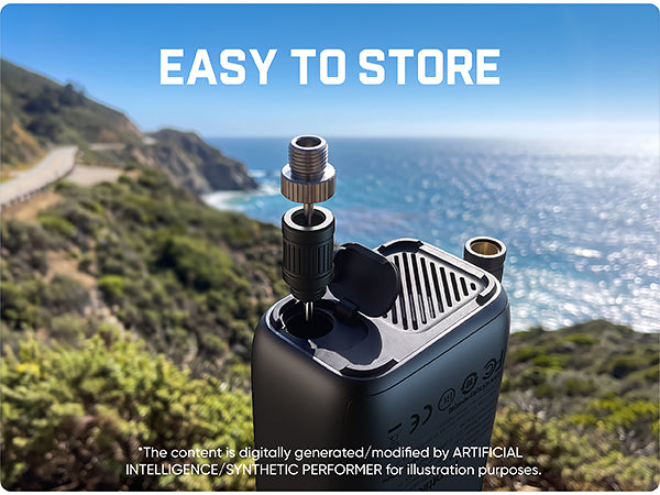 A black portable tire inflator with a metal mouthpiece and side port, shown open with a mouthpiece inserted, set against a coastal cliff and ocean background. Large white text at the top reads 'EASY TO STORE', and a disclaimer about AI-generated content appears at the bottom.