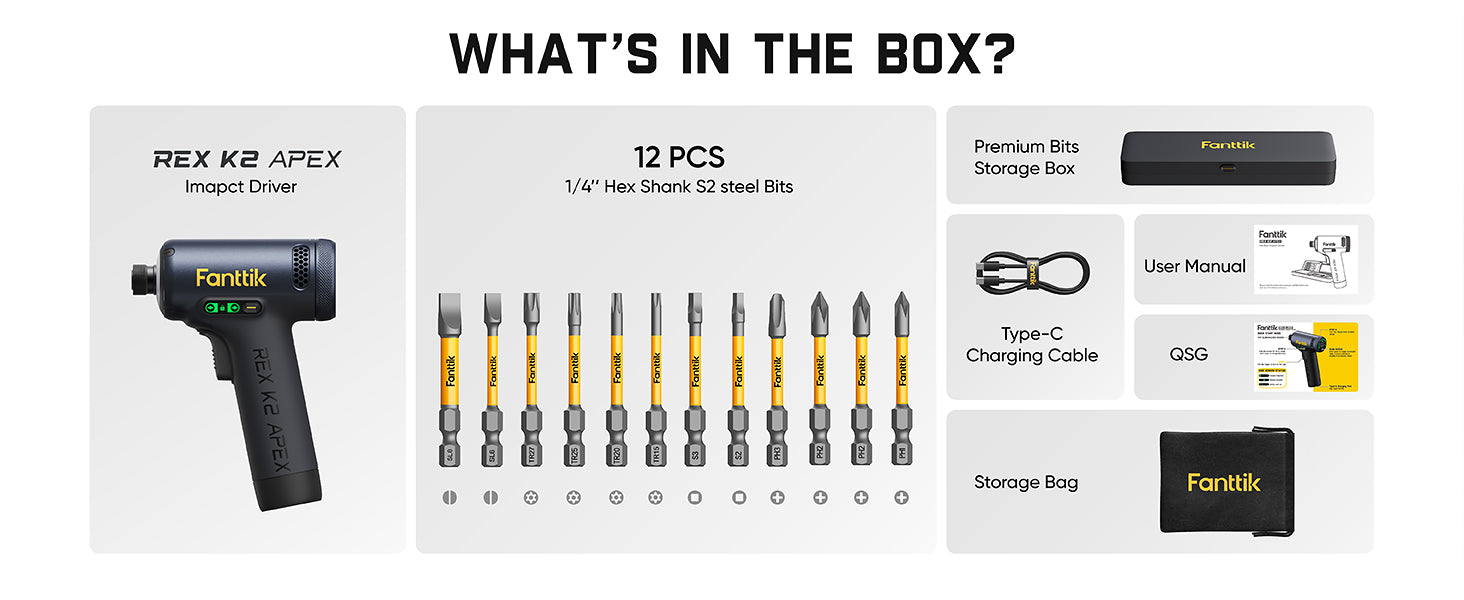 Fanttik REX K2 APEX Impact Driver, Brushless Impact Driver, 1/4'' Hex, Max. 100 N·m Torque, Max. 3000 RPM, 3000mAh Rechargeable Battery, Tool Kit for Cabinet Assembly, Woodworking DIY Projects