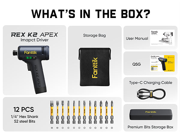 Fanttik REX K2 APEX Impact Driver, Brushless Impact Driver, 1/4'' Hex, Max. 100 N·m Torque, Max. 3000 RPM, 3000mAh Rechargeable Battery, Tool Kit for Cabinet Assembly, Woodworking DIY Projects
