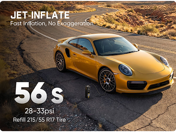 Powered by the Fanttik F8 Apex high-performance motor, this inflator fills a 215/55 R17 tire from 28 to 33 PSI in just 56 seconds