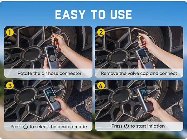 Instruction graphic titled 'EASY TO USE' showing four numbered panels with a person using a handheld tire inflation device on a car wheel. The panels include steps to connect the air hose, remove the valve cap, select a mode, and start inflation.