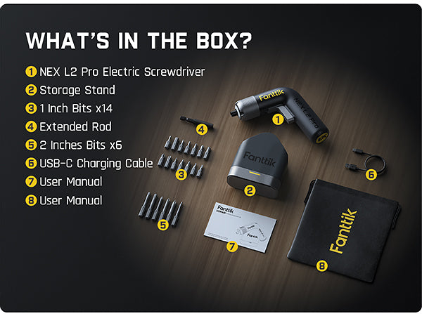 Fanttik L2 Pro 3.7V Electric Screwdriver, Cordless Screwdriver, 20 Bits, 1/4‘’Hex Chuck, Max 6N·m Torque, Digital Screen, Variable Speed, 2000mAh Rechargeable Battery, Tech Tool for DIY Eenthusiasts