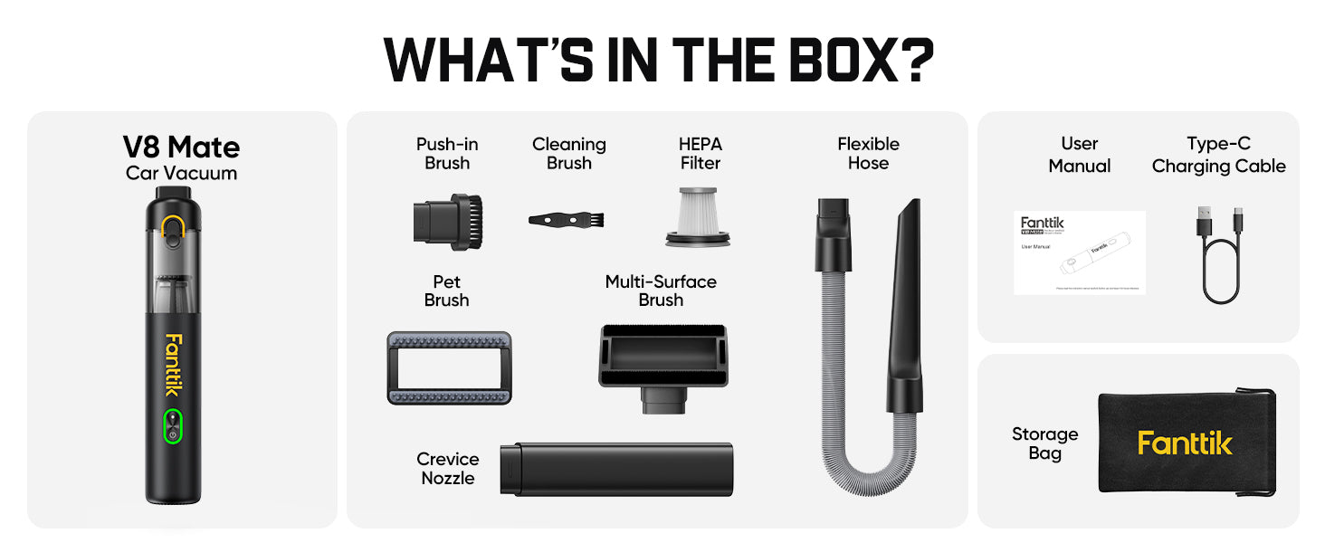 Fanttik V8 Mate Upgraded Cordless Car Vacuum, Portable Mini Vacuum with 13000pa Suction Power, 2 Suction Modes, Type-C Charge, Handheld Vacuum for Car, Small Tasks, Keyboards, Office Desk