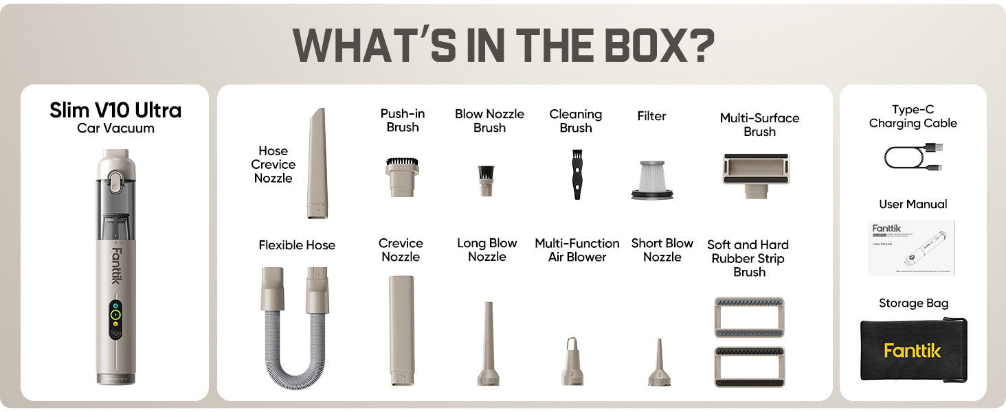 Product packaging list showing contents of a Fantik Slim V10 Ultra device with various attachments.