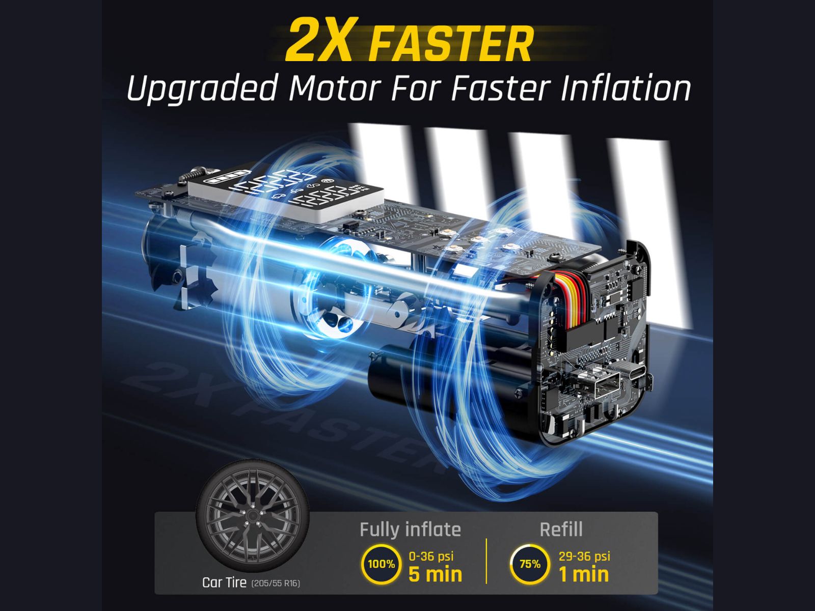 The powerful X8 APEX tire inflator has a built-in high-performance chip