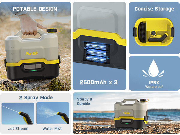 Fanttik NB8 Nano Portable Spray Washer with 8L Water Tank, Portable Camping Shower Pump, Retractable Spray Gun, 2600mAh Battery, IPX5, 72-98PSI, for Patio Garden, Camping Shower and Pet Cleaning