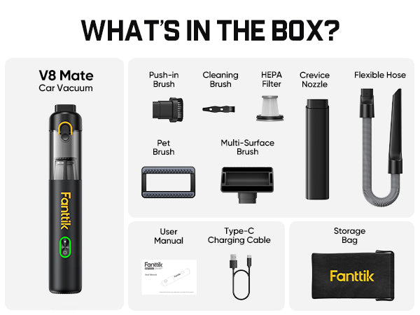 Fanttik V8 Mate Upgraded Cordless Car Vacuum, Portable Mini Vacuum with 13000pa Suction Power, 2 Suction Modes, Type-C Charge, Handheld Vacuum for Car, Small Tasks, Keyboards, Office Desk