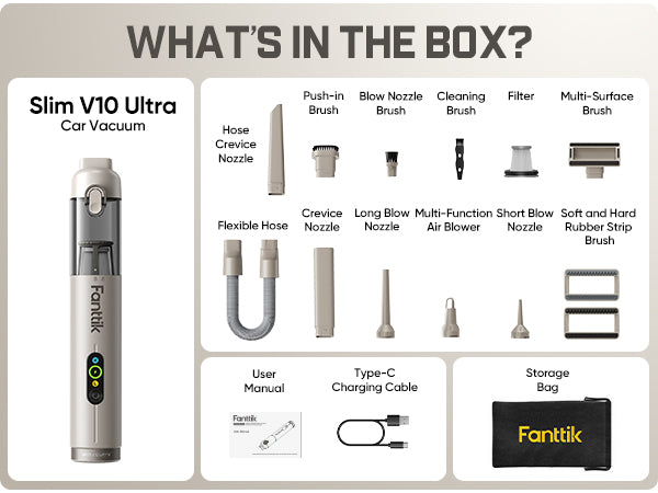Product packaging of Slim V10 Ultra Car Vacuum with included accessories and Fantik branding.