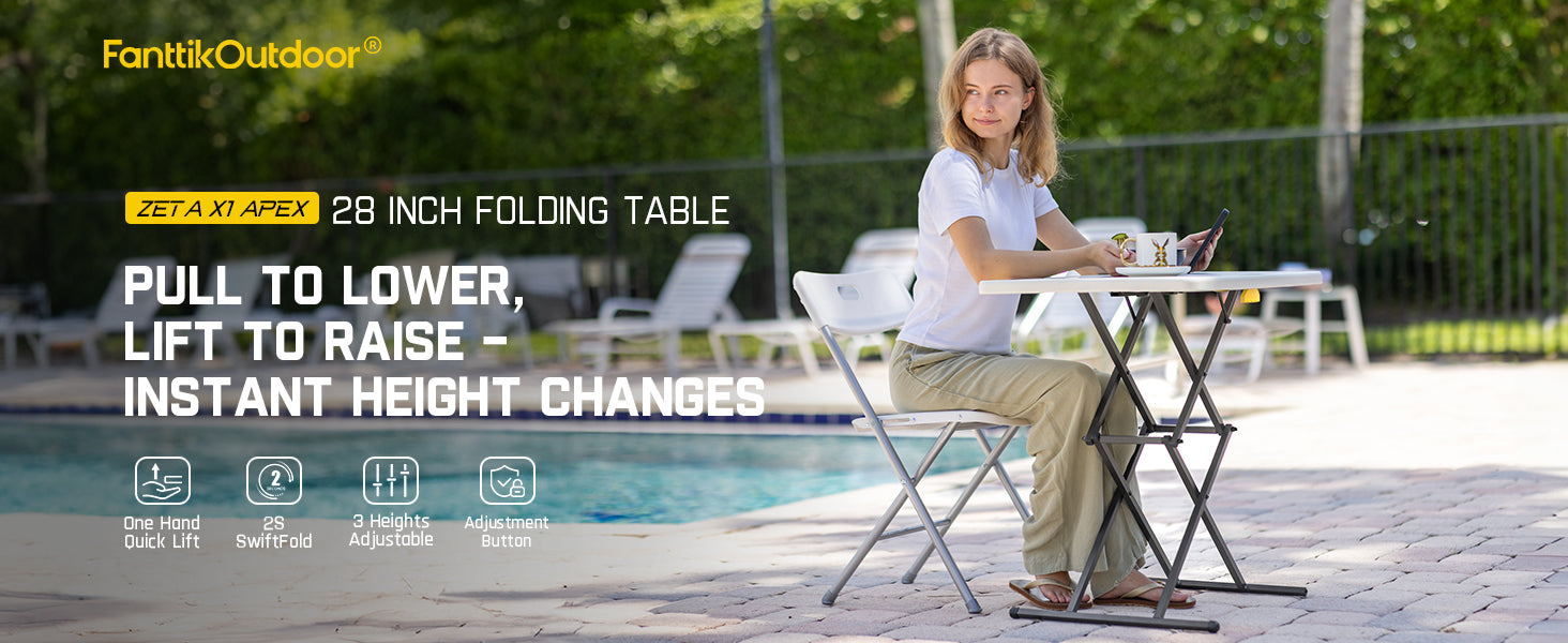 FanttikOutdoor 28 inch Small Folding Table, One-Handed Height Adjustment, 3 Heights, Lowering Lever, Instalift, Portable Side Table for Tv Tray, Desk, Kitchen, No Assembly, Granite White Zeta X1 Apex