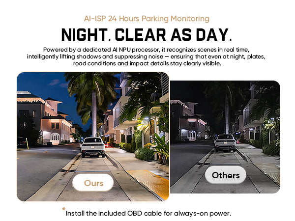 Promotional graphic for AI-ISP 24 hours parking monitoring, showing a night street scene labeled 'Ours' with clear details and a darker night scene labeled 'Others' with reduced clarity, plus marketing text about AI NPUs and OBD cable installation.