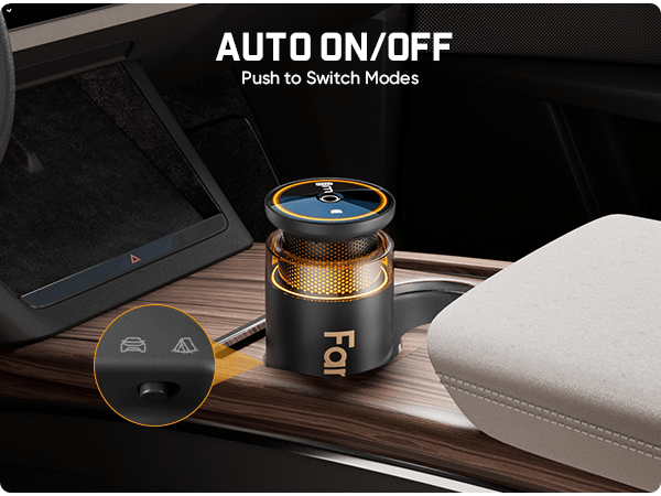 Car air freshener with auto on/off feature displayed in a car's cup holder.