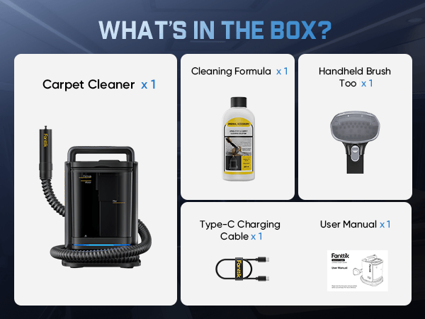 Product packaging with Fanttik Textra 11 Apex Cordless Carpet and Upholstery Cleaner, cleaning formula, handheld brush, charging cable, and user manual on a blue background.