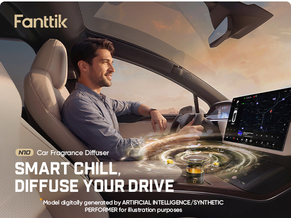 Man driving a car with a Fanttik car fragrance diffuser on the dashboard.