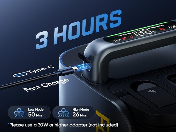 A close-up promotional render of a black Type-C charging device with a digital display and glowing charging interface, shown plugged in with large text reading '3 HOURS' and smaller text about fast charging modes. No person, animal, or real environment is present, so this is Product/Packaging rather than Lifestyle.