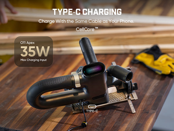 A black Fanttik O11 Apex Cordless Circular Saw, featuring text overlays highlighting its 35W charging power and Type-C compatibility.