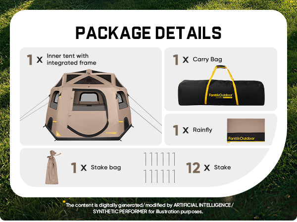 A product package details graphic on a white rounded card over a grass background, showing included items: an inner tent with integrated frame, a carry bag, a rainfly, and stakes, with text listing one of each and 12 stakes.