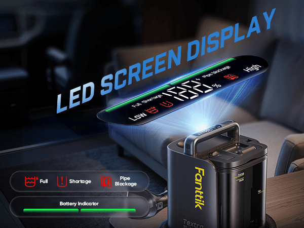 Fanttik Textra 11 Apex Cordless Carpet and Upholstery Cleaner with LED screen display on a blurred background