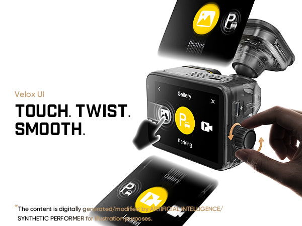 A Velox UI camera control device shown with a hand interacting with its dial and screen, alongside floating phone app screens and marketing text reading 'TOUCH. TWIST.