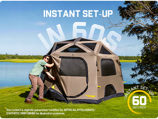 A man is assembling a large geodesic-style camping tent on a grassy lakeside. in 60S The tent is tan and dark gray with multiple windows and door openings.