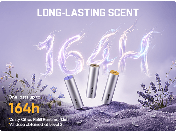 Three cylindrical refillable vape devices labeled 'foxtrot' are displayed on lavender-scented sand with flowers, under a purple sky with glowing '164h' text and the headline 'LONG-LASTING SCENT'.