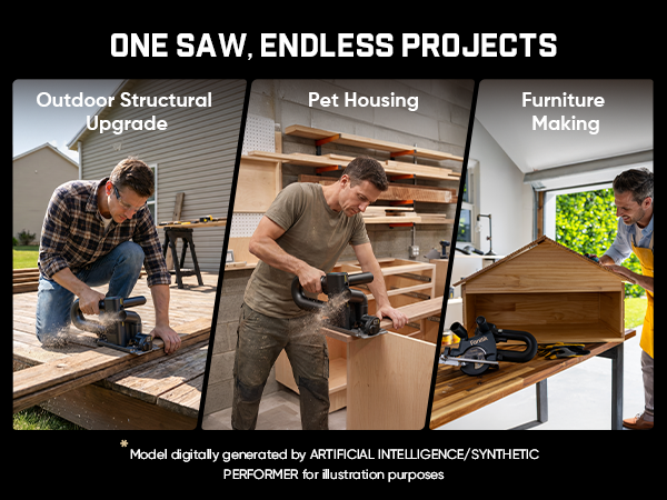 Promotional graphic for a circular saw with the headline 'ONE SAW, ENDLESS PROJECTS' above three vertical panels showing a man using the saw for outdoor structural upgrade, pet housing, and furniture making.