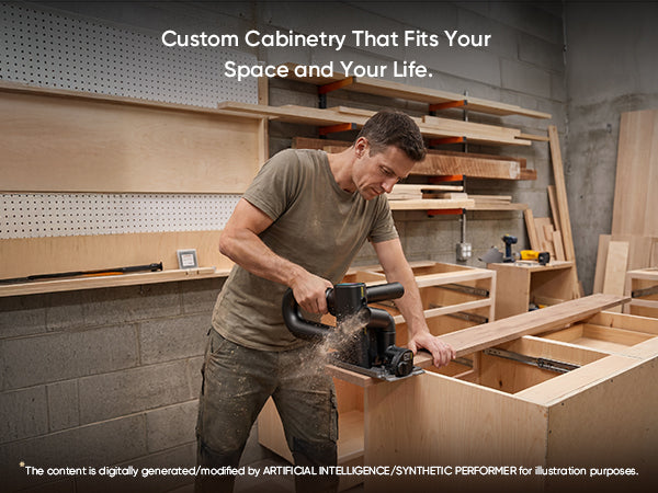 A man in a workshop wearing a gray t-shirt and work pants uses a circular saw to cut wood on a custom cabinet frame. The background shows shelves with wood panels and materials.