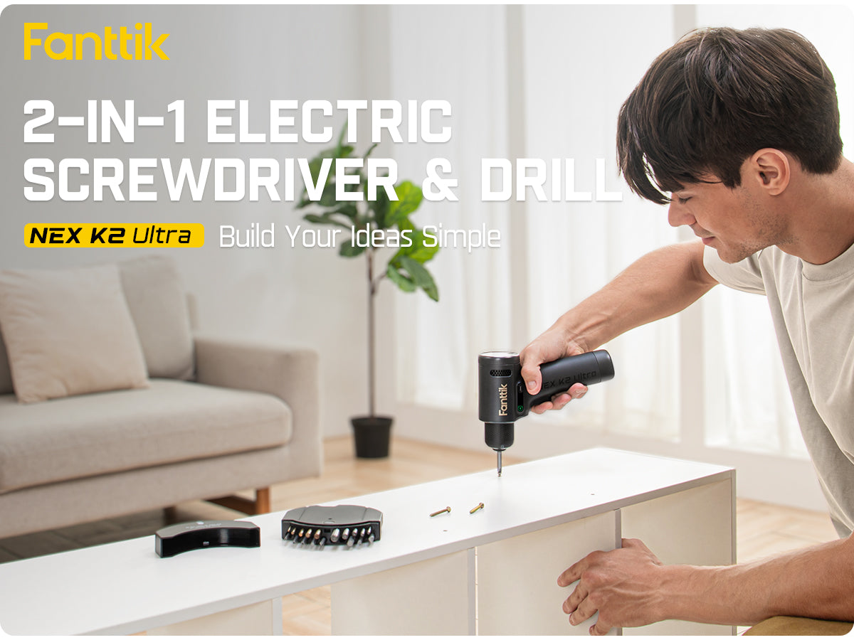Fanttik K2 Ultra 7.4V Power Drill, Cordless Drill/Driver, 3/8'' Keyless Chuck, Max. 30 N.m, Max. 1250 RPM, TapSwitch Gear Change, 2.5AH Rechargeable Battery, Tool Kit for Home DIY Projects