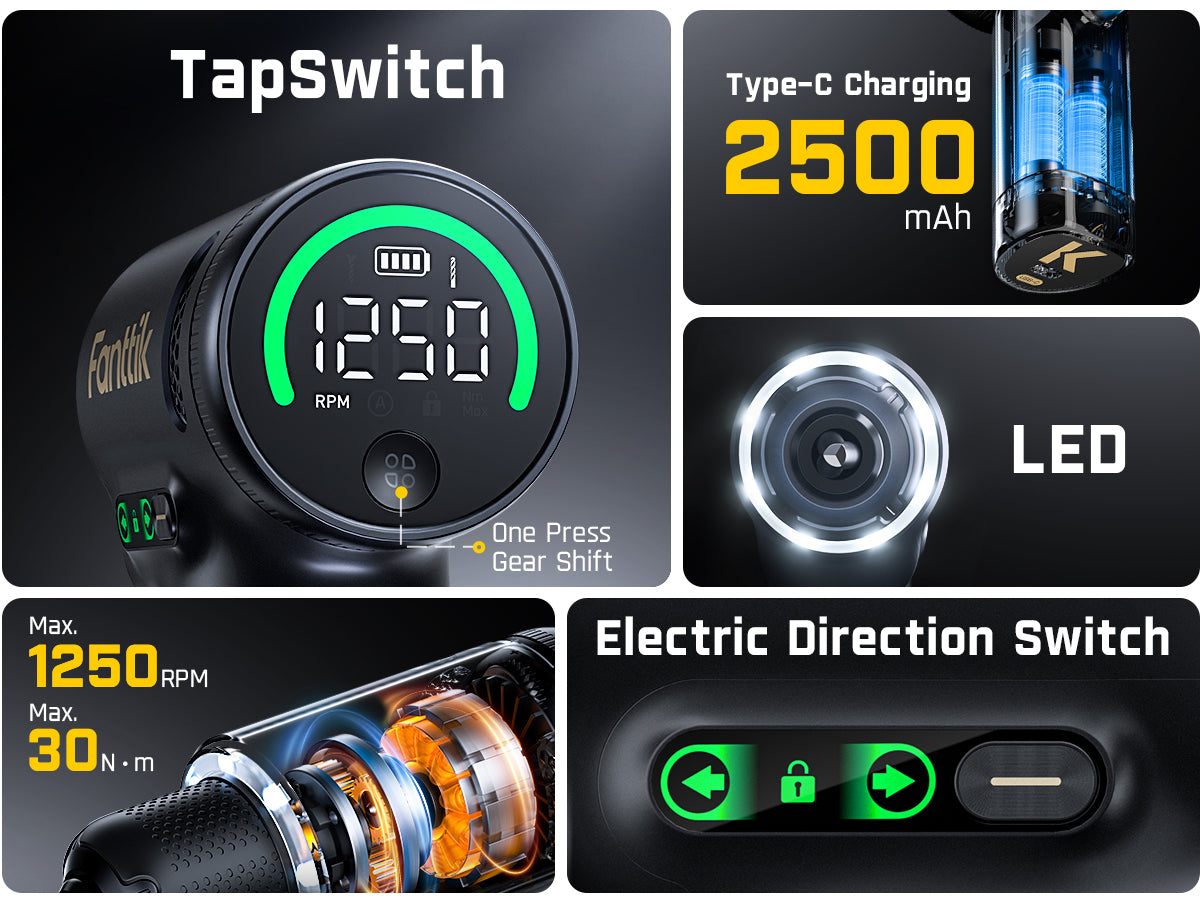 Fanttik K2 Ultra 7.4V Power Drill, Cordless Drill/Driver, 3/8'' Keyless Chuck, Max. 30 N.m, Max. 1250 RPM, TapSwitch Gear Change, 2.5AH Rechargeable Battery, Tool Kit for Home DIY Projects