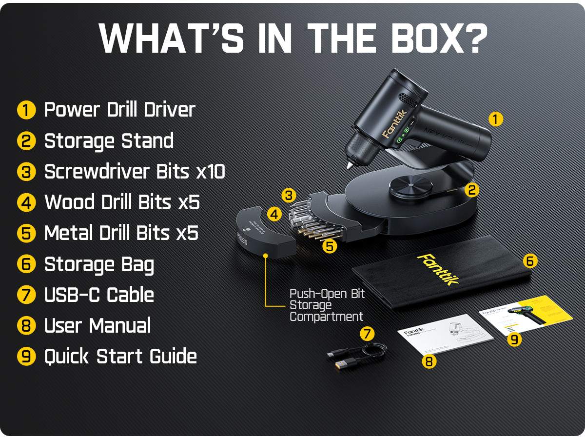 Fanttik K2 Ultra 7.4V Power Drill, Cordless Drill/Driver, 3/8'' Keyless Chuck, Max. 30 N.m, Max. 1250 RPM, TapSwitch Gear Change, 2.5AH Rechargeable Battery, Tool Kit for Home DIY Projects