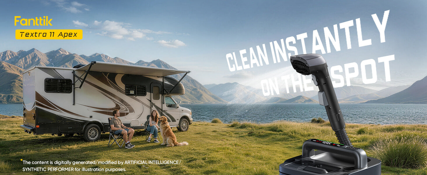 A portable carpet cleaner shown in a large outdoor camping scene with an RV, lake, mountains, and people sitting nearby. Large overlaid text reads 'CLEAN INSTANTLY ON THE SPOT,' and the cleaner itself is shown enlarged in the foreground.