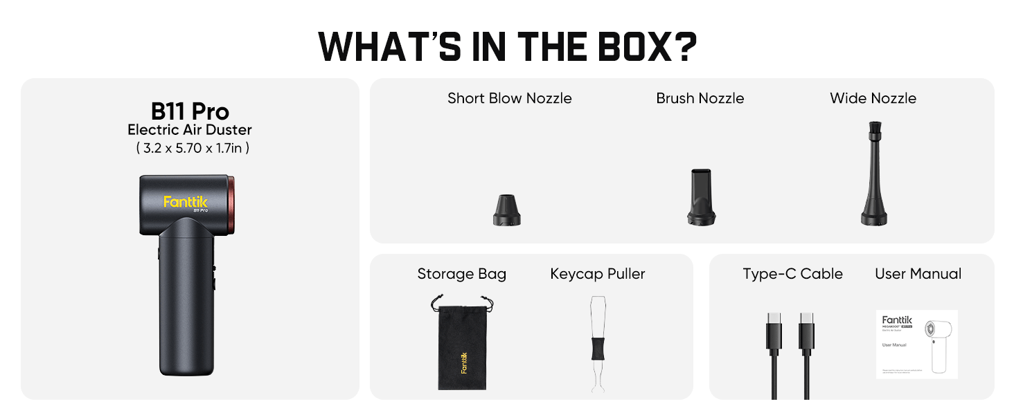Box contents overview for the B11 Pro Electric Air Duster, showing the handheld black and gold duster on the left and accessory icons and names on the right: short blow nozzle, brush nozzle, wide nozzle, storage bag, keycap puller, type-C cable, and user manual.