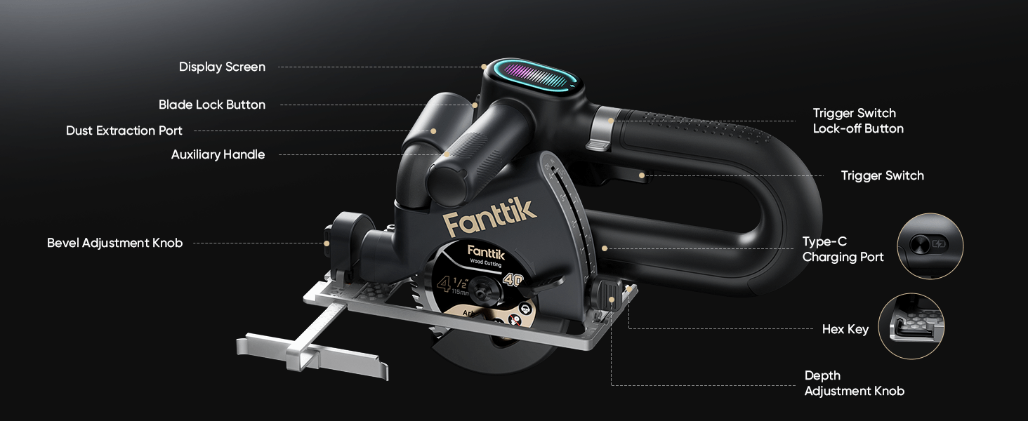 A Fanttik O11 Apex Cordless Circular Saw with multiple callouts and zoomed-in detail circles showing labeled parts such as the display screen, trigger switch, charging port, hex key, depth adjustment knob, and bevel adjustment knob, set against a dark background.
