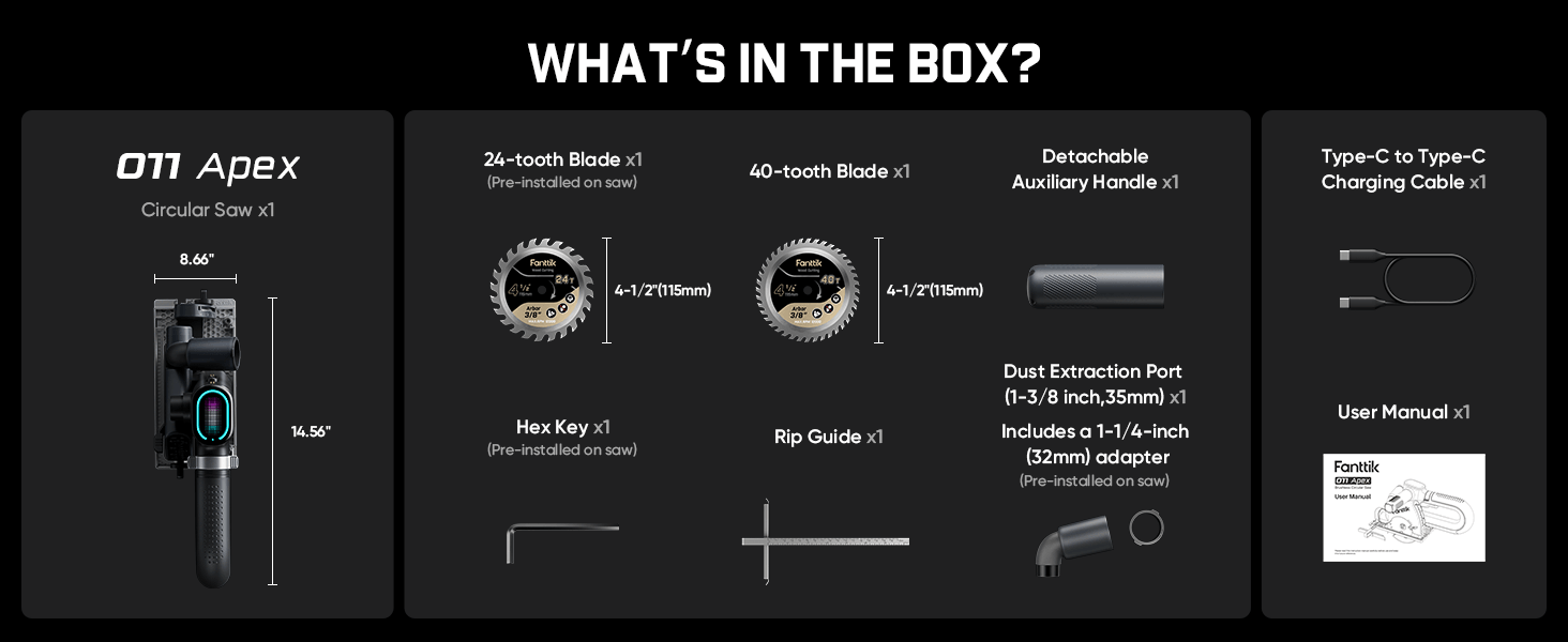 An open-box product presentation for the O11 Apex Circular Saw x1 on a black background, showing included accessories and parts in a three-panel layout with text labels.