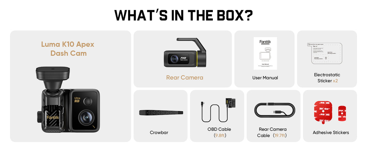 Box contents overview graphic for a Luma K10 Apex dash cam, showing the camera, rear camera, user manual, electronic sticker, crowbar, OBD cable, rear camera cable, and adhesive stickers under the heading 'WHAT'S IN THE BOX?'.
