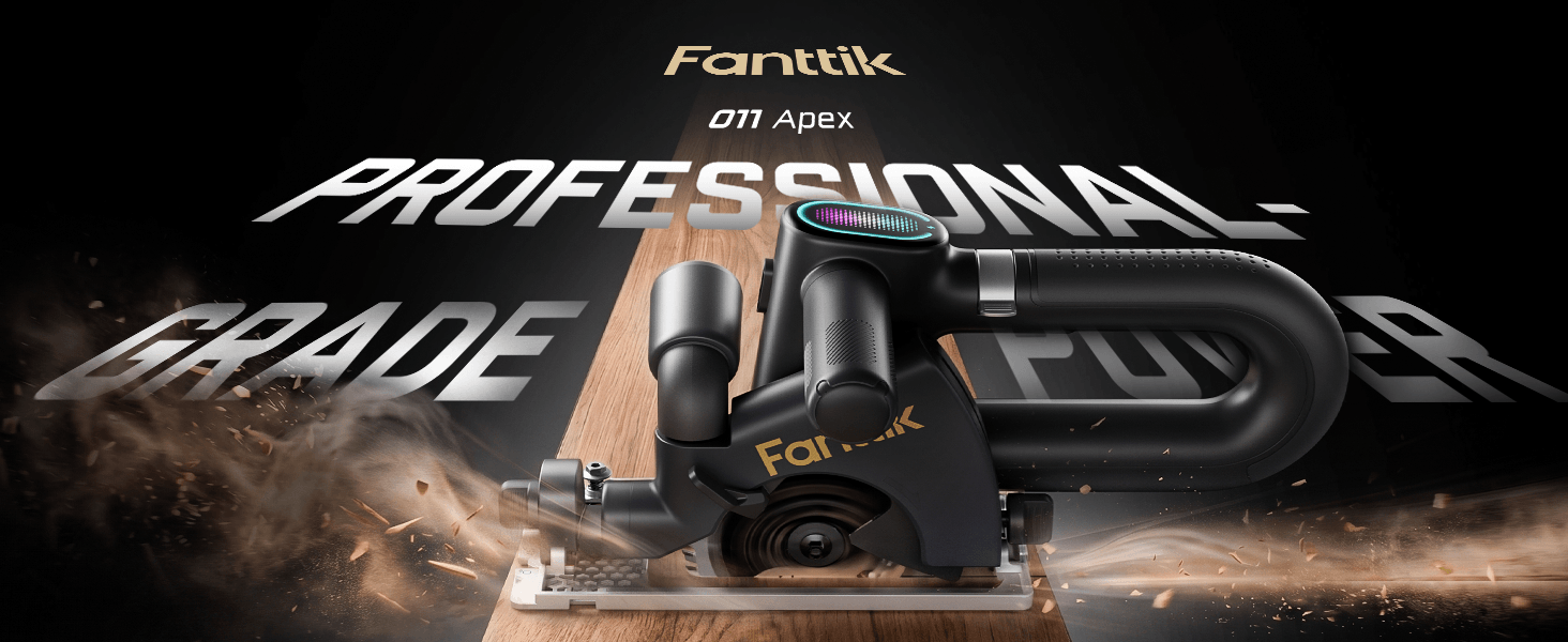 A Fanttik O11 Apex Cordless Circular Saw with an integrated dust collector hose, shown cutting a piece of wood on a dark, dramatic background with stylized text.
