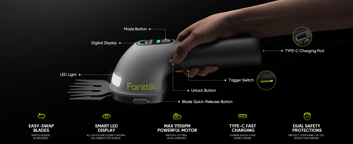 Fanttik Z10 Pro Cordless Hedge Trimmer, 6” Shurbbery Trimmer & 3.5” Grass Shear, Dual-Mode with Battery Display, Type-C Fast Charge, Two Blades for Yard, Garden, Lawn Care